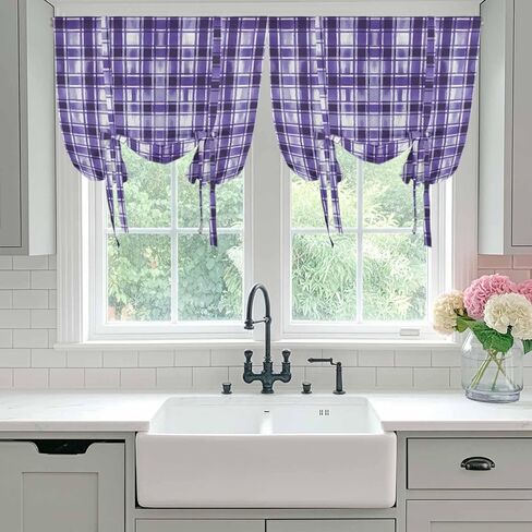 Purple Plaid Tie Up Curtains for Window, Modern Art Checkered Farmhouse Thermal Insulated Balloon Shade Adjustable Rod Pocket Curtains Valance Panels for Kitchen Bathroom Café 46'' x 63'' in Saudi Arabia