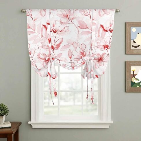 Pink Flower Tie Up Curtains for Window, Watercolor Floral Botanical Line Drawing Print Thermal Balloon Shade Adjustable Rod Pocket Curtains Valance Panels for Kitchen Bathroom Café 46'' x 63'' in Saudi Arabia