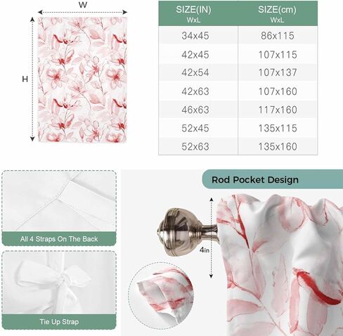 Pink Flower Tie Up Curtains for Window, Watercolor Floral Botanical Line Drawing Print Thermal Balloon Shade Adjustable Rod Pocket Curtains Valance Panels for Kitchen Bathroom Café 46'' x 63'' in Saudi Arabia
