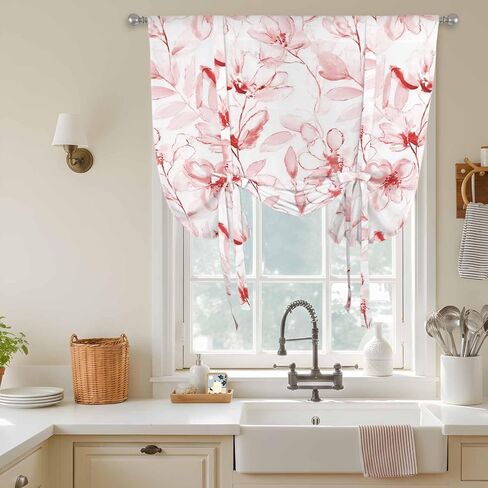 Pink Flower Tie Up Curtains for Window, Watercolor Floral Botanical Line Drawing Print Thermal Balloon Shade Adjustable Rod Pocket Curtains Valance Panels for Kitchen Bathroom Café 46'' x 63'' in Saudi Arabia