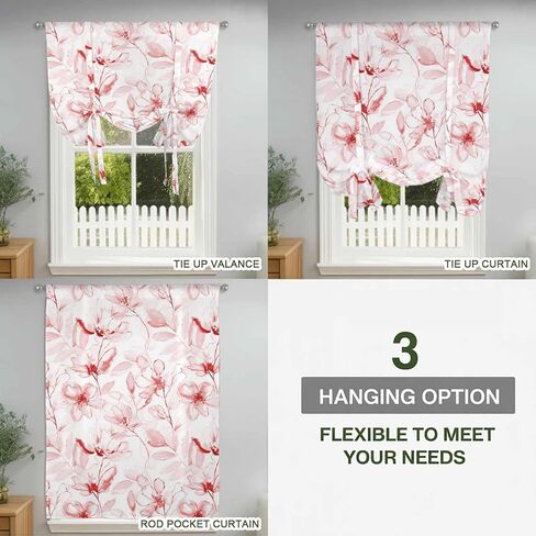 Pink Flower Tie Up Curtains for Window, Watercolor Floral Botanical Line Drawing Print Thermal Balloon Shade Adjustable Rod Pocket Curtains Valance Panels for Kitchen Bathroom Café 46'' x 63'' in Saudi Arabia