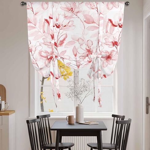 Pink Flower Tie Up Curtains for Window, Watercolor Floral Botanical Line Drawing Print Thermal Balloon Shade Adjustable Rod Pocket Curtains Valance Panels for Kitchen Bathroom Café 46'' x 63'' in Saudi Arabia