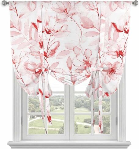 Pink Flower Tie Up Curtains for Window, Watercolor Floral Botanical Line Drawing Print Thermal Balloon Shade Adjustable Rod Pocket Curtains Valance Panels for Kitchen Bathroom Café 46'' x 63'' in Saudi Arabia