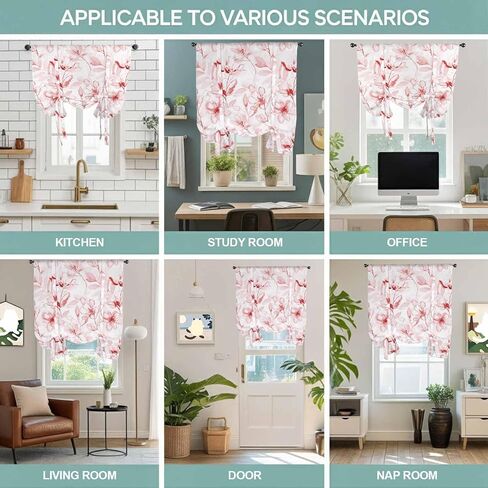 Pink Flower Tie Up Curtains for Window, Watercolor Floral Botanical Line Drawing Print Thermal Balloon Shade Adjustable Rod Pocket Curtains Valance Panels for Kitchen Bathroom Café 46'' x 63'' in Saudi Arabia