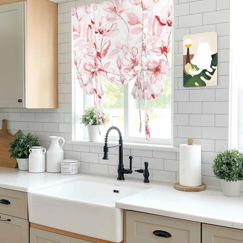 Pink Flower Tie Up Curtains for Window, Watercolor Floral Botanical Line Drawing Print Thermal Balloon Shade Adjustable Rod Pocket Curtains Valance Panels for Kitchen Bathroom Café 46'' x 63'' in Saudi Arabia