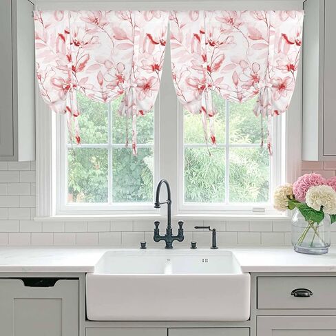 Pink Flower Tie Up Curtains for Window, Watercolor Floral Botanical Line Drawing Print Thermal Balloon Shade Adjustable Rod Pocket Curtains Valance Panels for Kitchen Bathroom Café 46'' x 63'' in Saudi Arabia