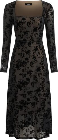 CIDER Women's Midi Dress Floral Flocking Mesh Long Sleeve Square Neck tie Back Party Evening Dress in Saudi Arabia