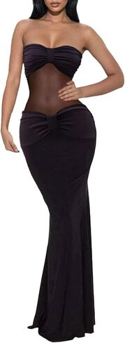 Women's Strapless Sheer Maxi Dresses Sexy Mesh See Through Patchwork Cocktail Dress in Saudi Arabia