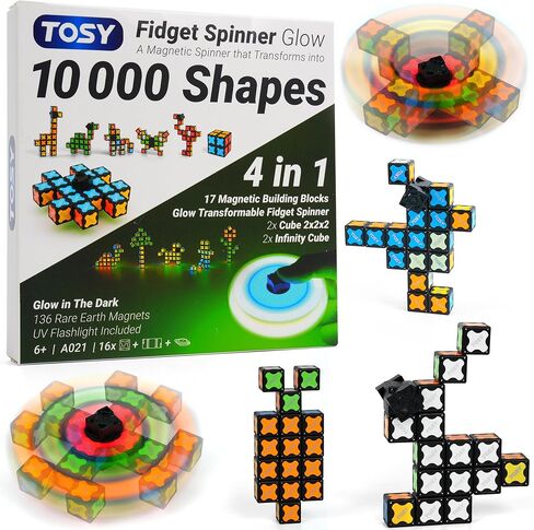 Tosy Magnet Fidget Spinner Glow - 3in1 Toy: Transformable Fidget Spinner مع 136 مغناطيسًا ، مكعب Infinity ، مكعب الألغاز 2 × 2 للمبتدئين ، متوهج ، تخفيف الإجهاد للبالغين ، هدية عيد الفصح البخارية. in Kuwait