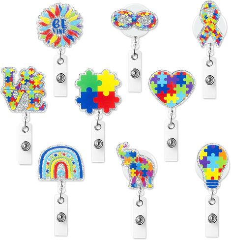 9 قطع بكرة شارة شهر الوعي بالتوحد، لغز لامع من الأكريليك قابل للسحب، مشبك شارة التمريض، قوس قزح Be Kind، بطاقة الهوية، حامل بطاقة الهوية، ملحقات مشبك التمساح المكتبي لطلاب الطبيب والممرضات in Kuwait