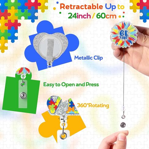 9 قطع بكرة شارة شهر الوعي بالتوحد، لغز لامع من الأكريليك قابل للسحب، مشبك شارة التمريض، قوس قزح Be Kind، بطاقة الهوية، حامل بطاقة الهوية، ملحقات مشبك التمساح المكتبي لطلاب الطبيب والممرضات in Kuwait