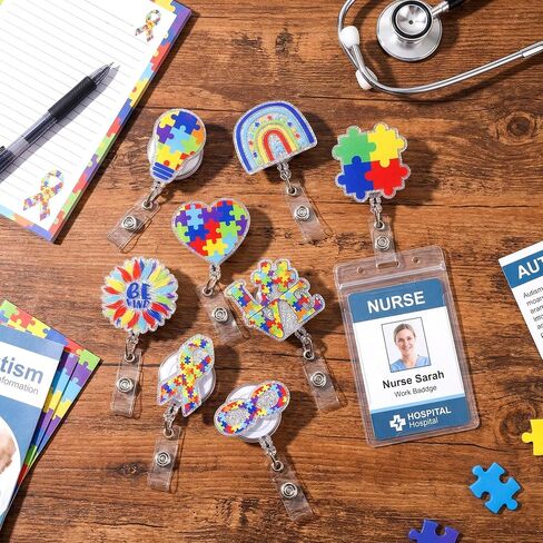 9 قطع بكرة شارة شهر الوعي بالتوحد، لغز لامع من الأكريليك قابل للسحب، مشبك شارة التمريض، قوس قزح Be Kind، بطاقة الهوية، حامل بطاقة الهوية، ملحقات مشبك التمساح المكتبي لطلاب الطبيب والممرضات in Kuwait