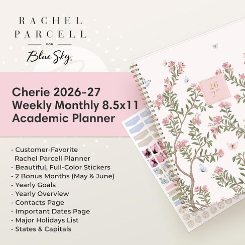Blue Sky Rachel Parcell 2026-2027 Weekly and Monthly Academic Year Planner Calendar, July 2026 - June 2027, 8.5" x 11", Flexible Cover, Wirebound, Laminated Tabs, Storage Pocket, Includes Stickers, Cherie in Saudi Arabia