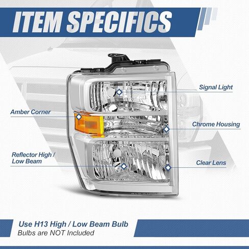 مجموعة المصابيح الأمامية من Auto Dynasty متوافقة مع 2008-2021 Ford E150 E250 E350 E450 F650 F750 Super Duty، استبدال المصابيح الأمامية الهالوجين على الجانب الأيمن للركاب، FO2503249، زاوية كهرماني مبيت من الكروم in Kuwait
