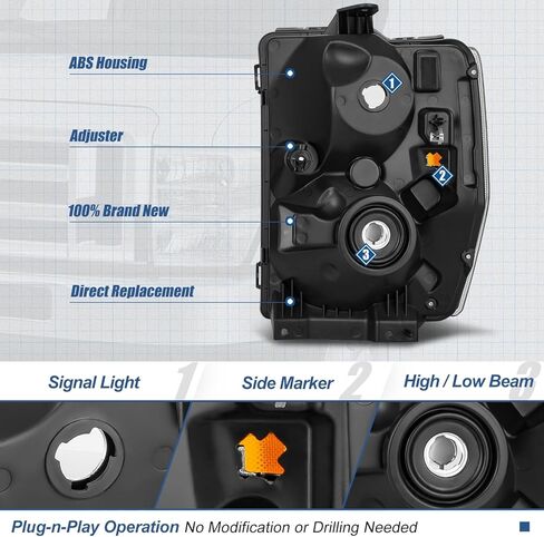 مجموعة المصابيح الأمامية من Auto Dynasty متوافقة مع 2008-2021 Ford E150 E250 E350 E450 F650 F750 Super Duty، استبدال المصابيح الأمامية الهالوجين على الجانب الأيمن للركاب، FO2503249، زاوية كهرماني مبيت من الكروم in Kuwait