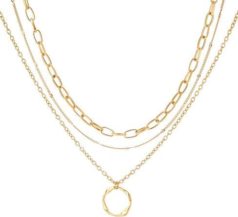 18K Gold Plated Layered Necklace Set for Women - Dainty Paperclip Twisted Circle Pendant Chains, Minimalist Stackable Jewelry for Mom Daughter, 3-Layer Necklace Gift for Christmas Birthday Party in Saudi Arabia