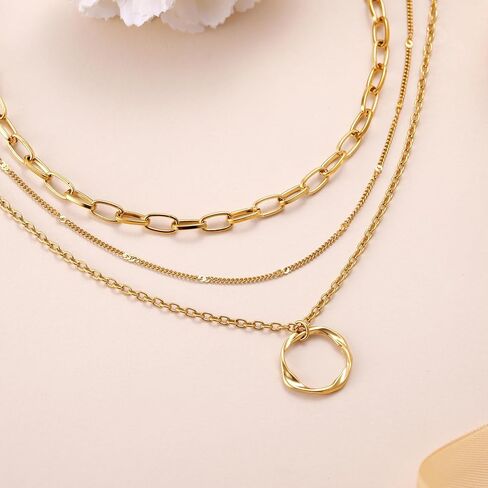 18K Gold Plated Layered Necklace Set for Women - Dainty Paperclip Twisted Circle Pendant Chains, Minimalist Stackable Jewelry for Mom Daughter, 3-Layer Necklace Gift for Christmas Birthday Party in Saudi Arabia