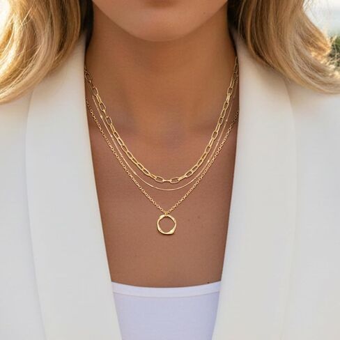 18K Gold Plated Layered Necklace Set for Women - Dainty Paperclip Twisted Circle Pendant Chains, Minimalist Stackable Jewelry for Mom Daughter, 3-Layer Necklace Gift for Christmas Birthday Party in Saudi Arabia