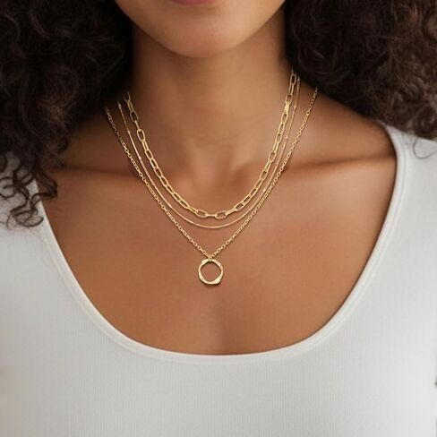 18K Gold Plated Layered Necklace Set for Women - Dainty Paperclip Twisted Circle Pendant Chains, Minimalist Stackable Jewelry for Mom Daughter, 3-Layer Necklace Gift for Christmas Birthday Party in Saudi Arabia
