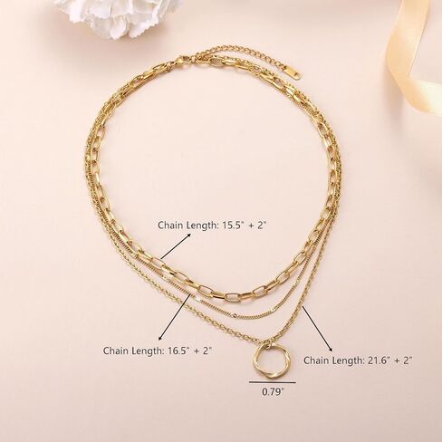 18K Gold Plated Layered Necklace Set for Women - Dainty Paperclip Twisted Circle Pendant Chains, Minimalist Stackable Jewelry for Mom Daughter, 3-Layer Necklace Gift for Christmas Birthday Party in Saudi Arabia
