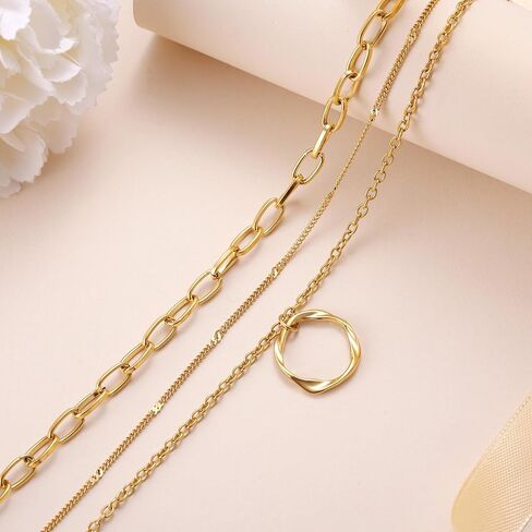 18K Gold Plated Layered Necklace Set for Women - Dainty Paperclip Twisted Circle Pendant Chains, Minimalist Stackable Jewelry for Mom Daughter, 3-Layer Necklace Gift for Christmas Birthday Party in Saudi Arabia