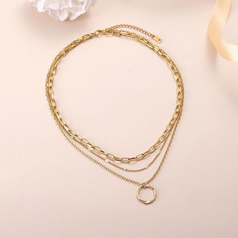 18K Gold Plated Layered Necklace Set for Women - Dainty Paperclip Twisted Circle Pendant Chains, Minimalist Stackable Jewelry for Mom Daughter, 3-Layer Necklace Gift for Christmas Birthday Party in Saudi Arabia