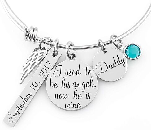 سوار تذكاري - "لقد كنت ملاكه، والآن هو ملكي" - مجوهرات تعاطف شخصية مع جناح ملاك، قرص الاسم، شريط التاريخ وحجر الميلاد - هدية حزن لفقد الأب، الزوج، الطفل in Kuwait