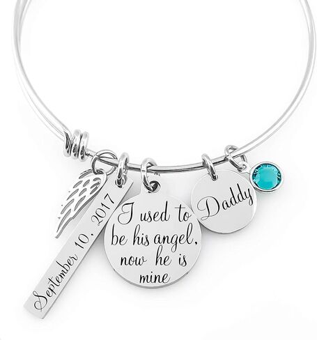 سوار تذكاري - "لقد كنت ملاكه، والآن هو ملكي" - مجوهرات تعاطف شخصية مع جناح ملاك، قرص الاسم، شريط التاريخ وحجر الميلاد - هدية حزن لفقد الأب، الزوج، الطفل in Kuwait