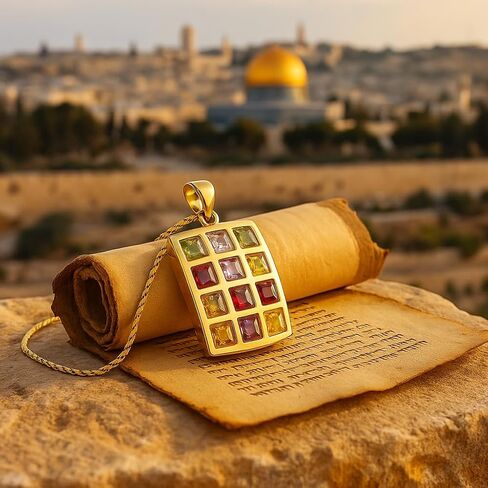 Ephod Breastplate Necklace - 12 Tribes of Israel Hoshen Amulet with Cubic Zirconia Stones, Gold Plated Priest Breastplate Pendant, Holy Land Judaica Jewelry for Men & Women, 20in Chain in Kuwait