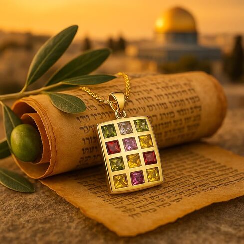 Ephod Breastplate Necklace - 12 Tribes of Israel Hoshen Amulet with Cubic Zirconia Stones, Gold Plated Priest Breastplate Pendant, Holy Land Judaica Jewelry for Men & Women, 20in Chain in Kuwait