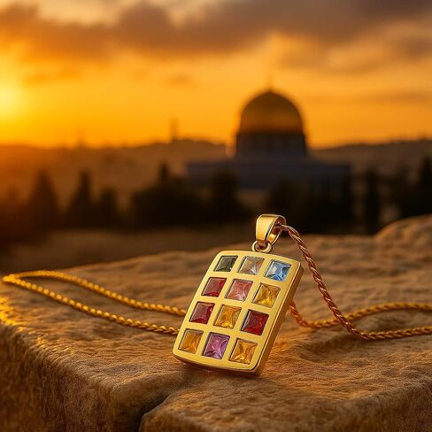 Ephod Breastplate Necklace - 12 Tribes of Israel Hoshen Amulet with Cubic Zirconia Stones, Gold Plated Priest Breastplate Pendant, Holy Land Judaica Jewelry for Men & Women, 20in Chain in Kuwait