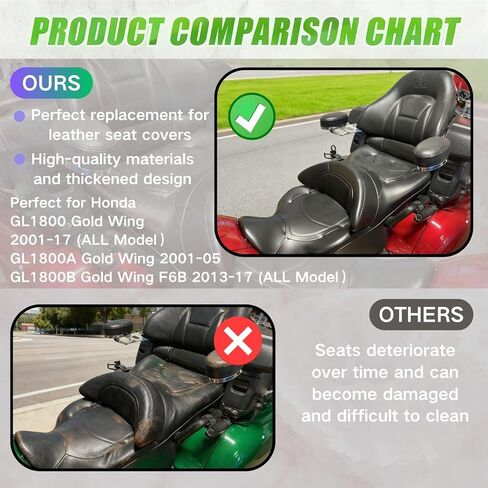 غطاء مقعد ملتف بالكامل لسيارة Honda GL 1800 GL1800 Gold Wing 2001-2017 / جلد ممتاز / مقاوم للماء / مقاوم للبقع (أسود) in Kuwait