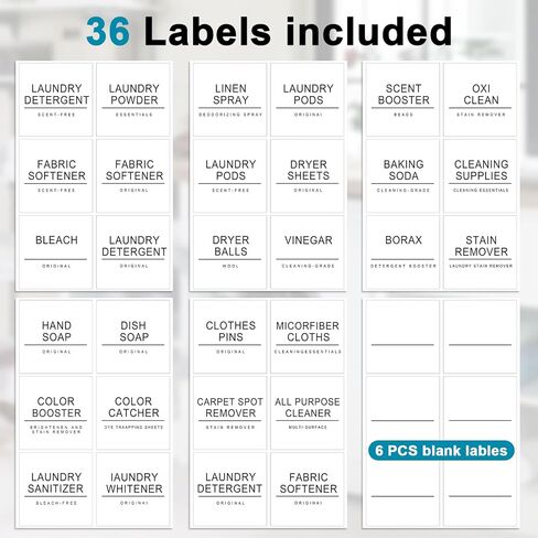 36 قطعة من ملصقات غرفة الغسيل البيضاء المقاومة للماء وملصقات تنظيم المنزل للزجاجات والجرار وموزعات المنظفات وملصقات تخزين الغسيل لمستلزمات التنظيف in Kuwait