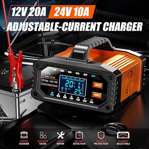 Smart Car Battery Charger, 20Amp Adjustable Current Battery Charger, 12V/24V LiFePO4 Lead Acid Trickle Charger, Automatic Maintainer & Desulfator, Repair, Winter Mode, Temp Compensation & Protections in Saudi Arabia