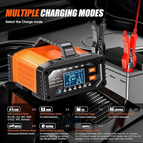 Smart Car Battery Charger, 20Amp Adjustable Current Battery Charger, 12V/24V LiFePO4 Lead Acid Trickle Charger, Automatic Maintainer & Desulfator, Repair, Winter Mode, Temp Compensation & Protections in Saudi Arabia