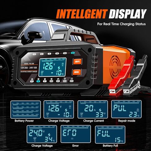 Smart Car Battery Charger, 20Amp Adjustable Current Battery Charger, 12V/24V LiFePO4 Lead Acid Trickle Charger, Automatic Maintainer & Desulfator, Repair, Winter Mode, Temp Compensation & Protections in Saudi Arabia