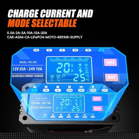 Smart Car Battery Charger, 20Amp Adjustable Current Battery Charger, 12V/24V LiFePO4 Lead Acid Trickle Charger, Automatic Maintainer & Desulfator, Repair, Winter Mode, Temp Compensation & Protections in Saudi Arabia