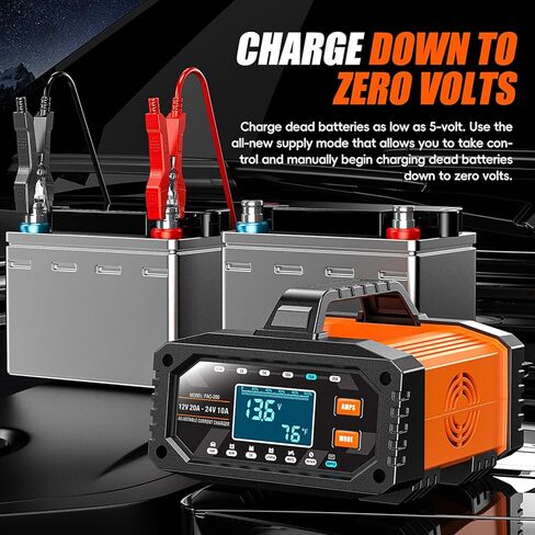 Smart Car Battery Charger, 20Amp Adjustable Current Battery Charger, 12V/24V LiFePO4 Lead Acid Trickle Charger, Automatic Maintainer & Desulfator, Repair, Winter Mode, Temp Compensation & Protections in Saudi Arabia