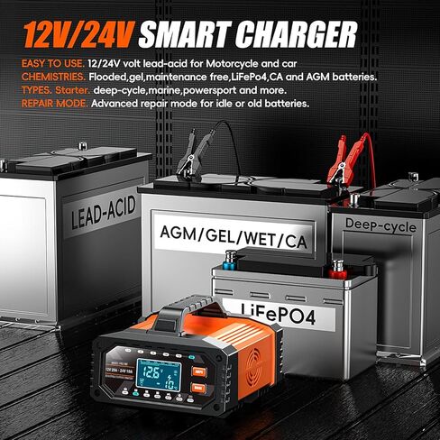 Smart Car Battery Charger, 20Amp Adjustable Current Battery Charger, 12V/24V LiFePO4 Lead Acid Trickle Charger, Automatic Maintainer & Desulfator, Repair, Winter Mode, Temp Compensation & Protections in Saudi Arabia