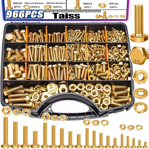 Taiss 966pcs Metric Bolt Assortment Grade 8.8 Heavy Duty,M4 M5 M6 M8 Hex Metric Bolts and Nuts Kit (12-30mm) Yellow Zinc Plated in Kuwait