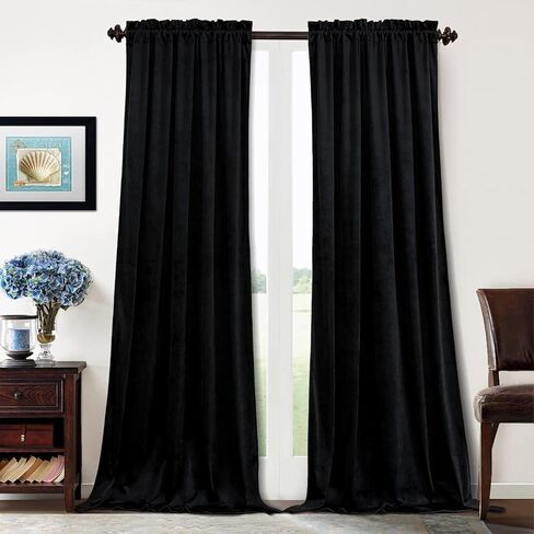 Benedeco Black Velvet Curtains for Bedroom Window, Super Soft Luxury Drapes, Room Darkening Thermal Insulated Rod Pocket Curtain for Living Room, W42 by L108 inches, 2 Panels in Saudi Arabia