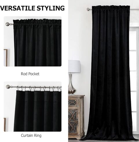Benedeco Black Velvet Curtains for Bedroom Window, Super Soft Luxury Drapes, Room Darkening Thermal Insulated Rod Pocket Curtain for Living Room, W42 by L108 inches, 2 Panels in Saudi Arabia