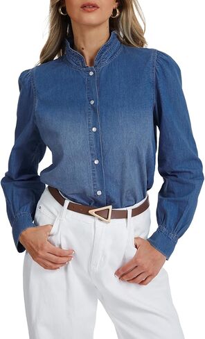 Womens Denim Shirt 2026 Casual Denim Button Down Shirt Women Ruffle Collar Business Jean Blouses for Women in Saudi Arabia