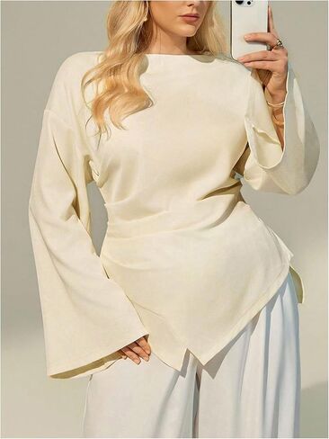 Floerns Women's Plus Size Blouses Dressy Casual Elegant Bell Sleeve Ruched Work Shirts in Saudi Arabia