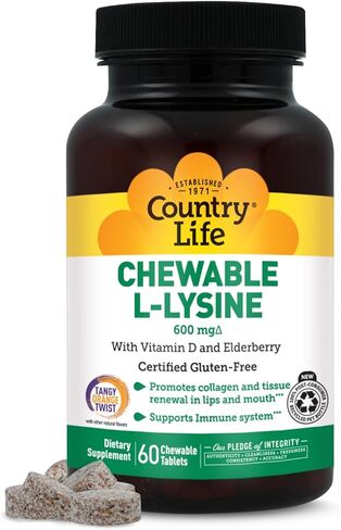 Country Life Chewable L-Lysine 600mg - 60 Tabs - Supports Immune Health - Supports Natural Collagen Production - Vitamin D - Elderberry - Great Taste in Saudi Arabia
