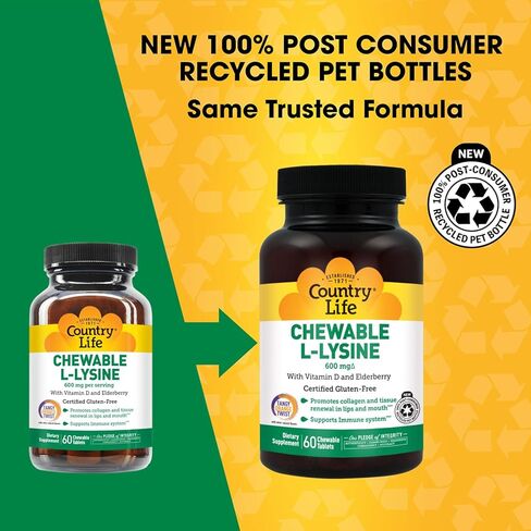 Country Life Chewable L-Lysine 600mg - 60 Tabs - Supports Immune Health - Supports Natural Collagen Production - Vitamin D - Elderberry - Great Taste in Saudi Arabia