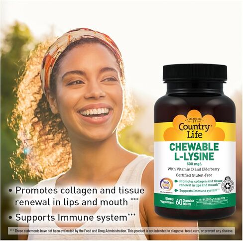 Country Life Chewable L-Lysine 600mg - 60 Tabs - Supports Immune Health - Supports Natural Collagen Production - Vitamin D - Elderberry - Great Taste in Saudi Arabia
