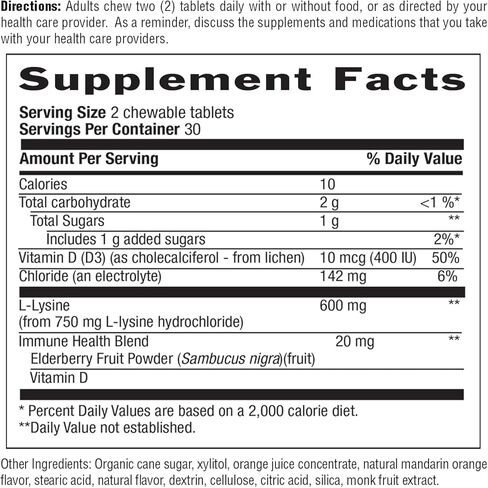 Country Life Chewable L-Lysine 600mg - 60 Tabs - Supports Immune Health - Supports Natural Collagen Production - Vitamin D - Elderberry - Great Taste in Saudi Arabia