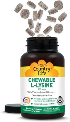 Country Life Chewable L-Lysine 600mg - 60 Tabs - Supports Immune Health - Supports Natural Collagen Production - Vitamin D - Elderberry - Great Taste in Saudi Arabia