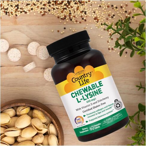 Country Life Chewable L-Lysine 600mg - 60 Tabs - Supports Immune Health - Supports Natural Collagen Production - Vitamin D - Elderberry - Great Taste in Saudi Arabia